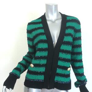 Balmain Sequin-Embellished Striped Distressed Knit Cardigan Green/Black Size 42
